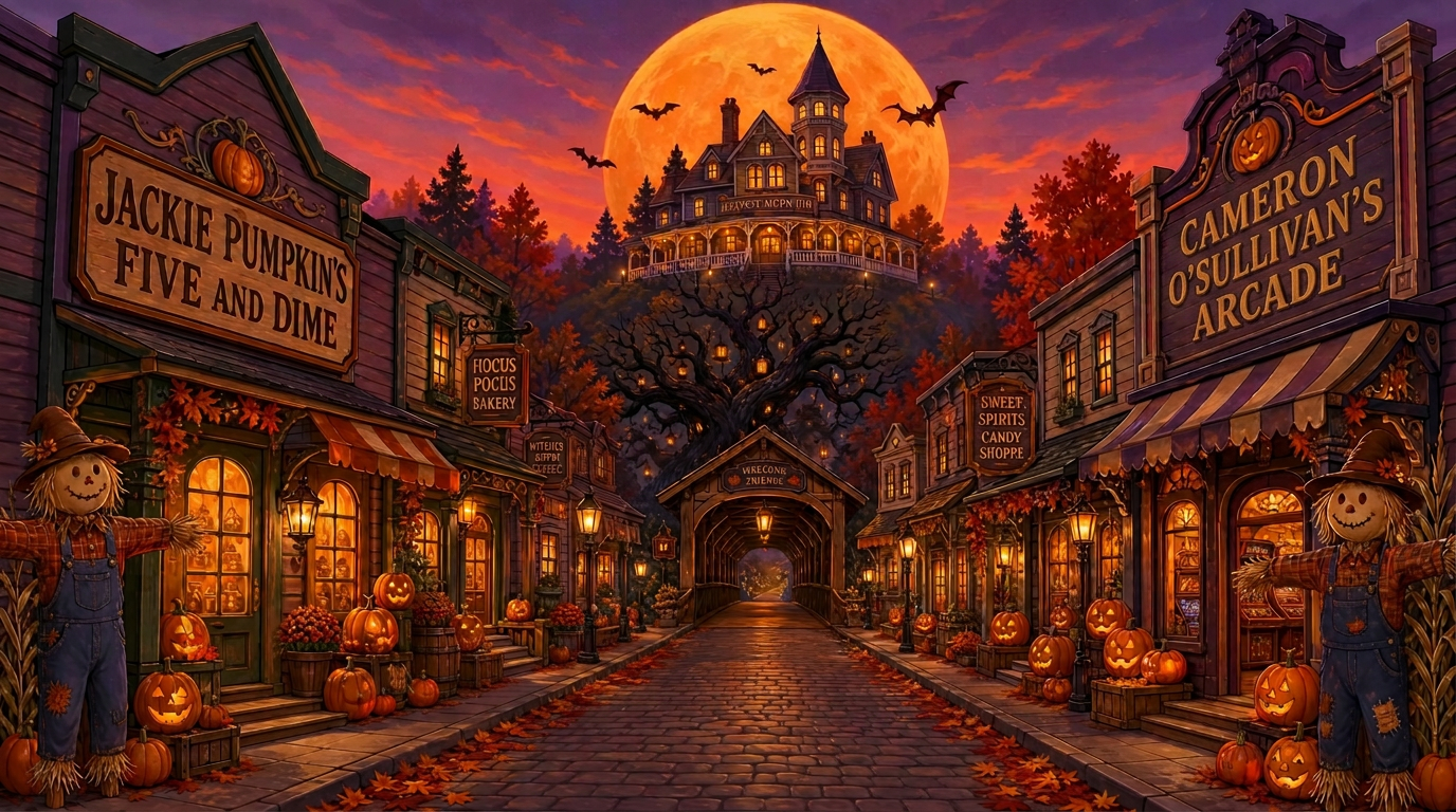 A painterly souvenir-map illustration of an autumn Halloween village street at dusk, crooked clapboard shopfronts with painted signboards for Jackie Pumpkin's Five and Dime and the Jack-o'-Lantern Arcade, a covered bridge at the end of the lane, and the Harvest Moon Inn on the hill beneath a huge orange harvest moon.