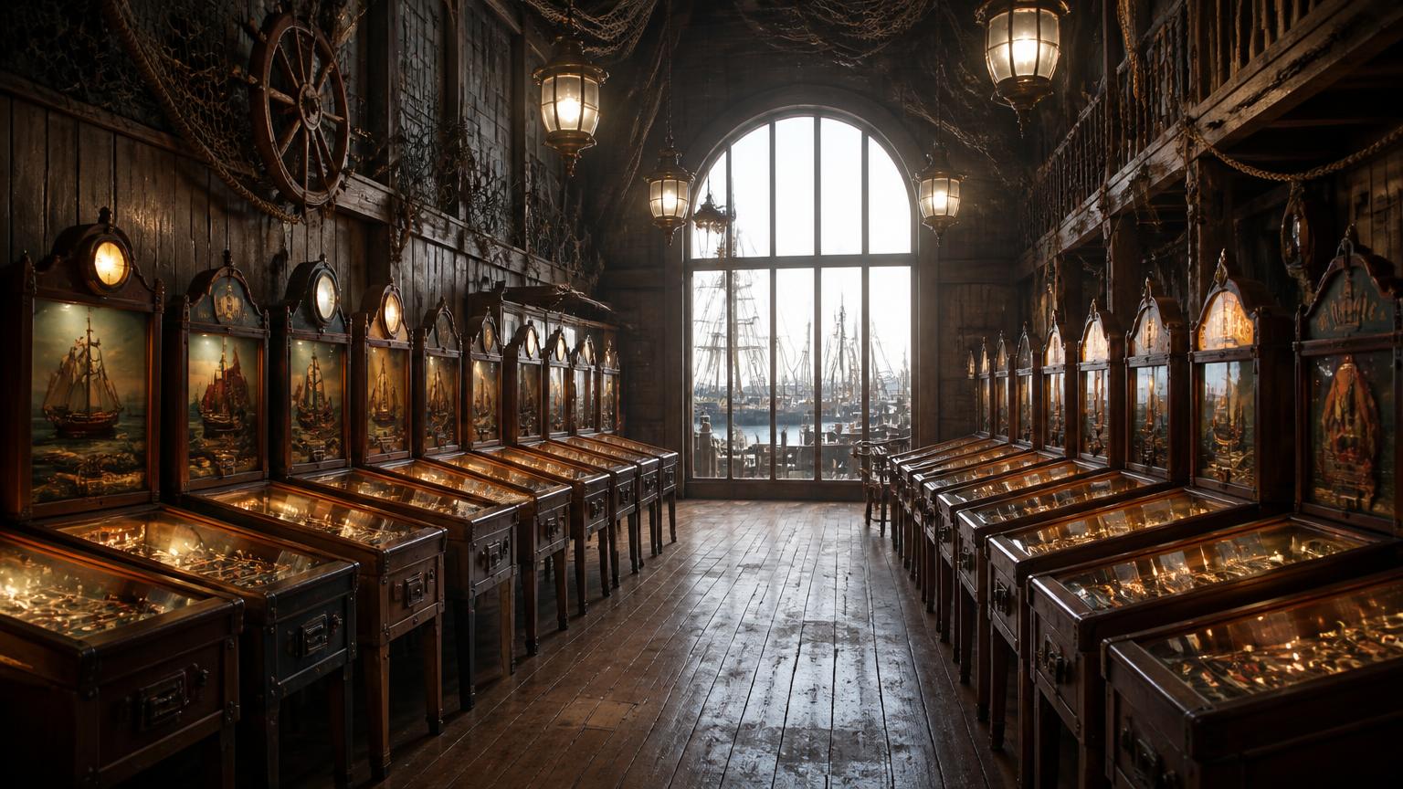A timber-walled harbour arcade hall with ship lanterns, rope and netting, and two rows of glowing wooden game cabinets facing a tall arched window onto the masts.