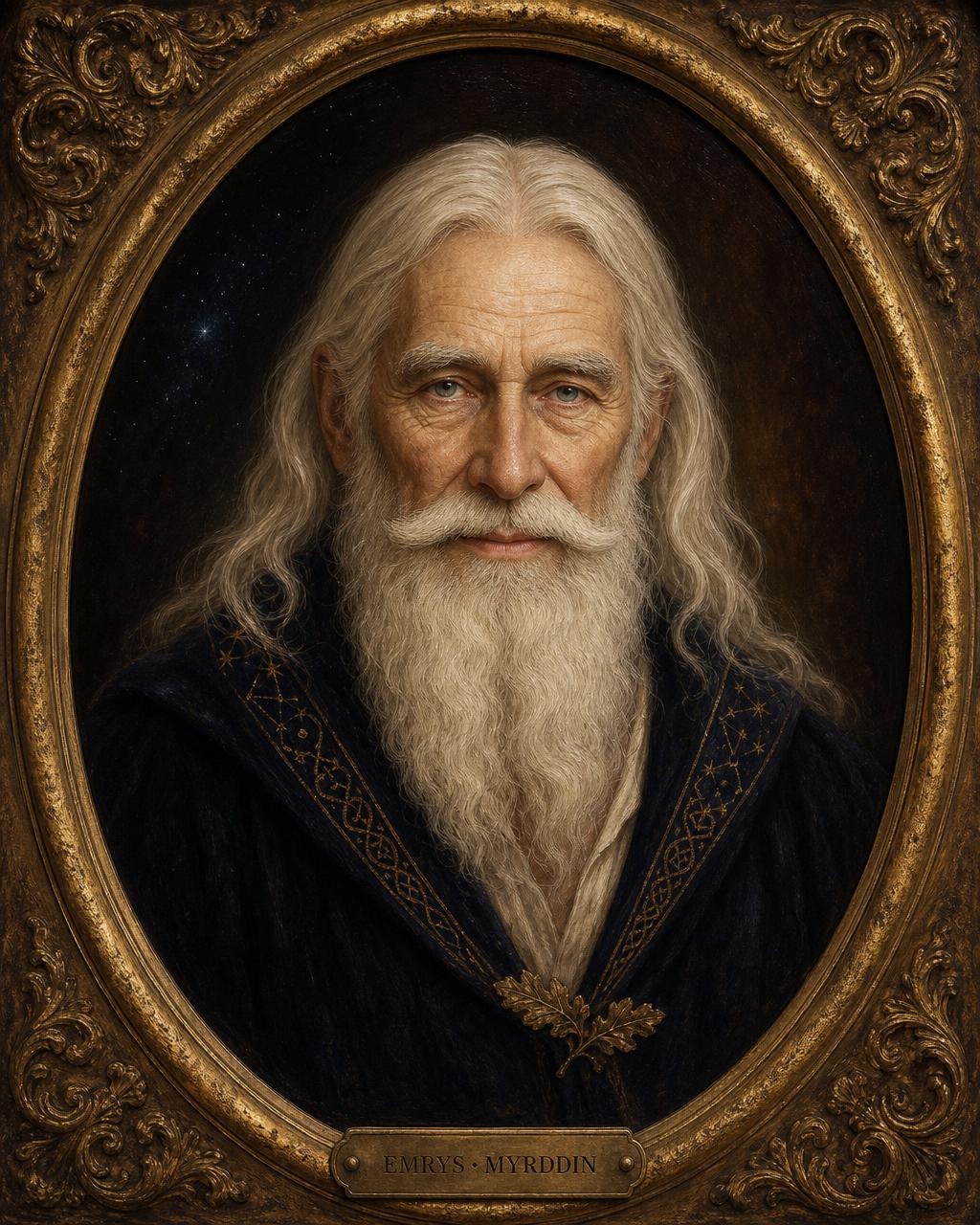 Victorian oil-portrait bust of Merlin — an ancient British archdruid with long silver hair and beard, in a midnight-indigo robe, inside a heavy gilded oval frame with a tarnished brass nameplate
