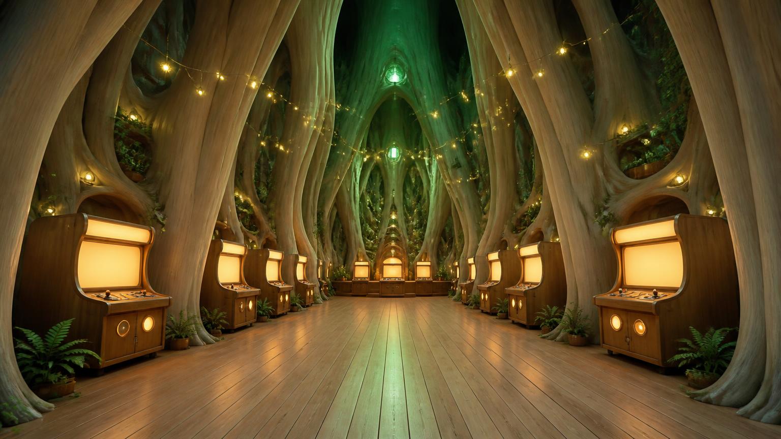 The inside of an enormous hollow tree lit by hanging firefly lanterns, with mossy roots underfoot and a row of glowing wooden game cabinets among ferns.