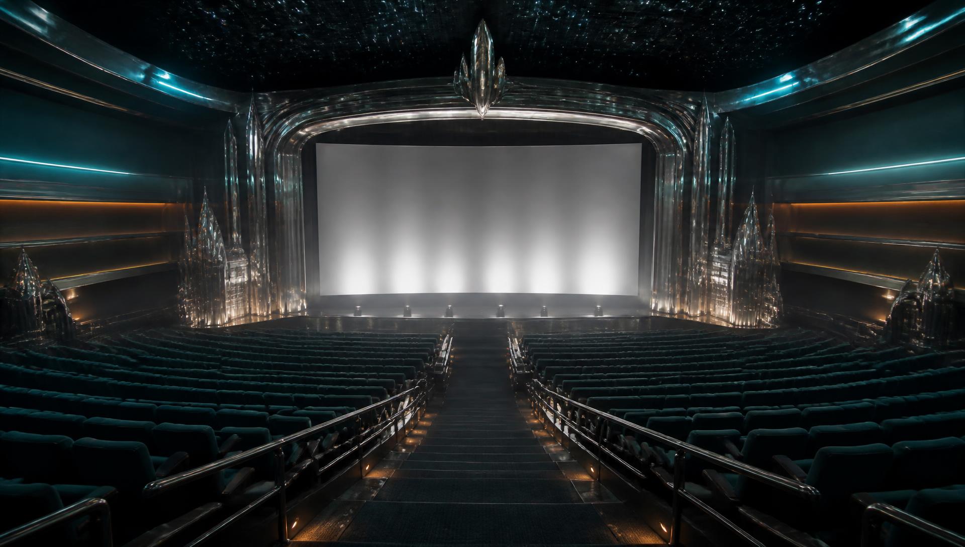 The auditorium of Hollywood North Cinemas — a chrome and teal space-age movie palace with a huge silver screen.