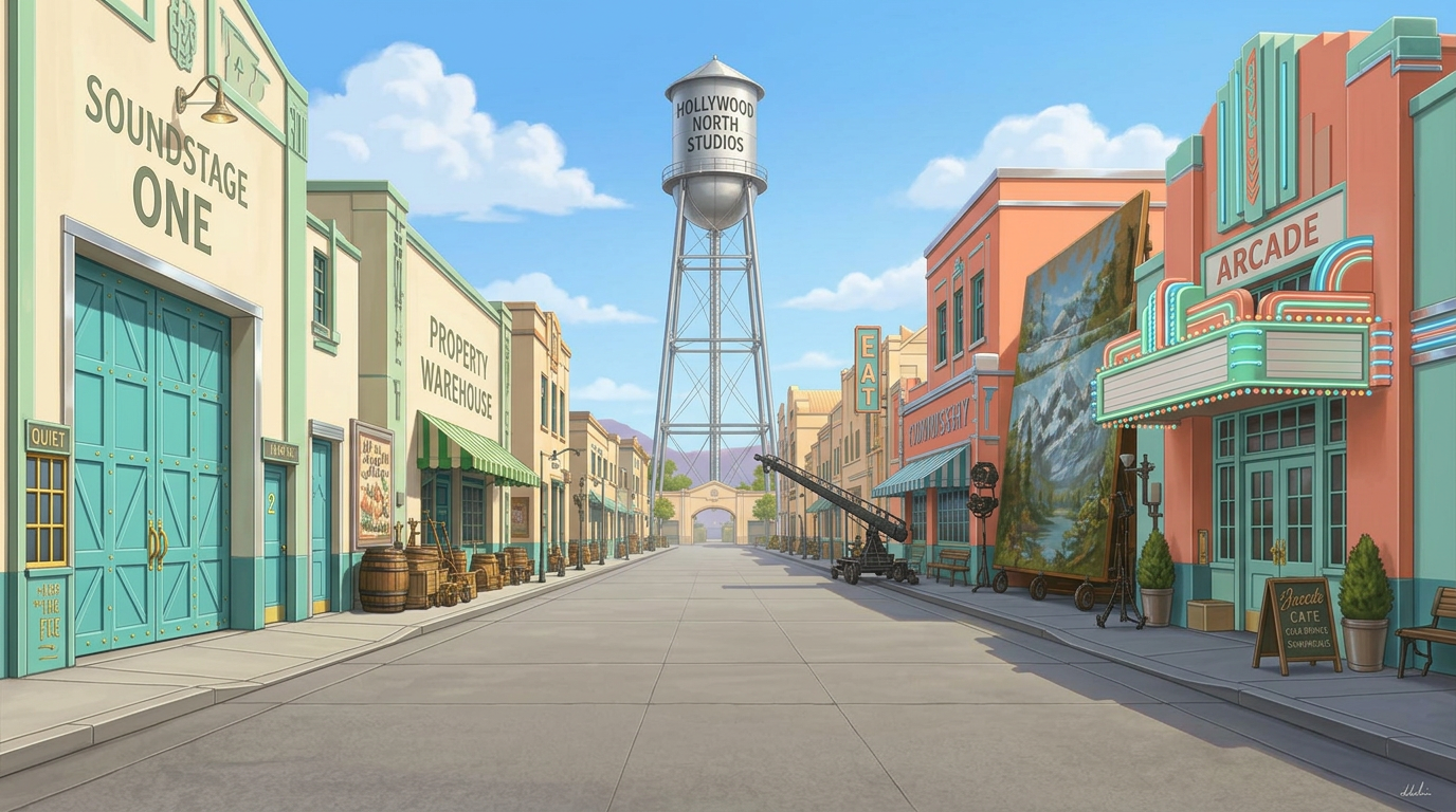 A painterly souvenir-map illustration of a golden-age film studio backlot street at late afternoon, art-deco soundstages in one-point perspective leading to a tall riveted water tower at the vanishing point, with klieg lights, a camera crane, and vintage cars.