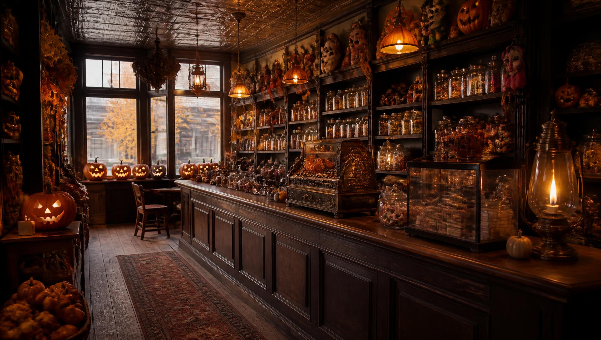 The candlelit interior of a Victorian five-and-dime variety store decorated for autumn, with candy jars, tin toys and carved pumpkins along a dark walnut counter.