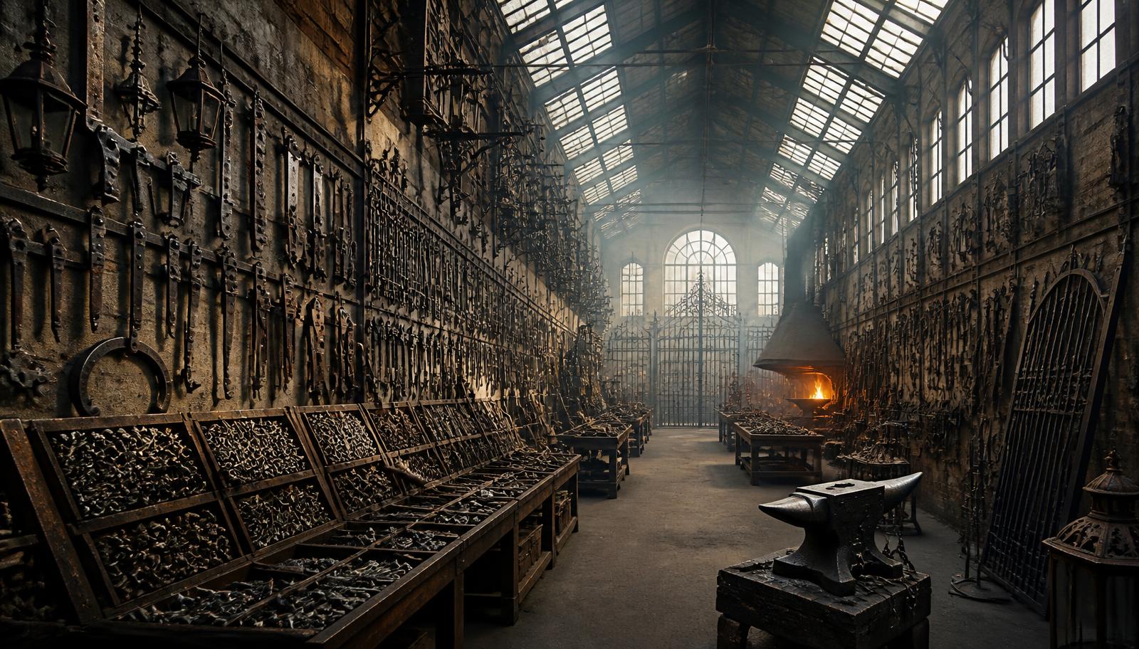 The Ironmonger's Hall — a long vaulted Victorian iron hall with a glass roof, walls of forged hinges and lanterns, trestle tables of fittings, and a lit forge and anvil at the far end.