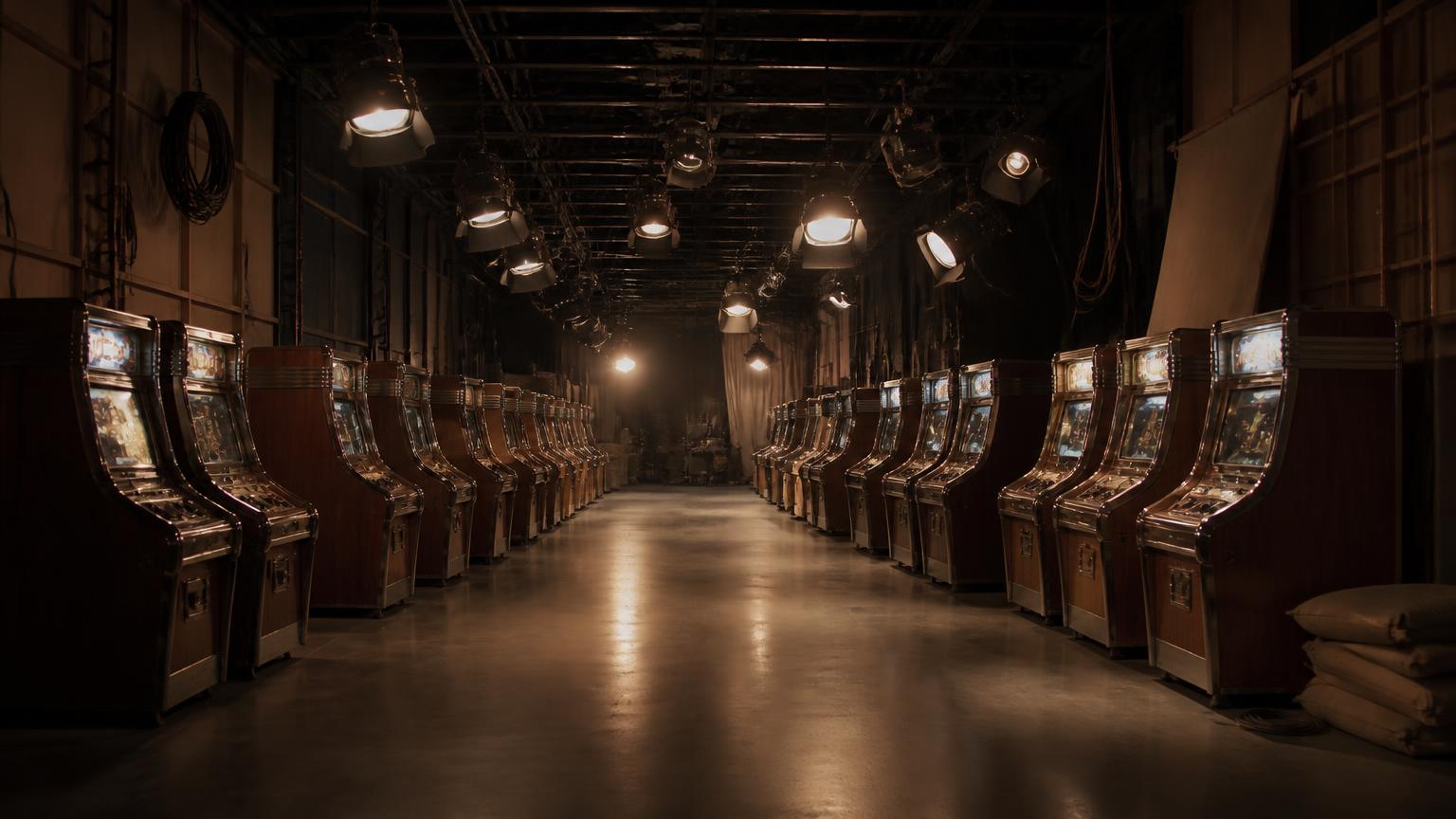 A photoreal converted soundstage arcade with klieg lights on stands, prop flats against the walls and a row of lit game cabinets.