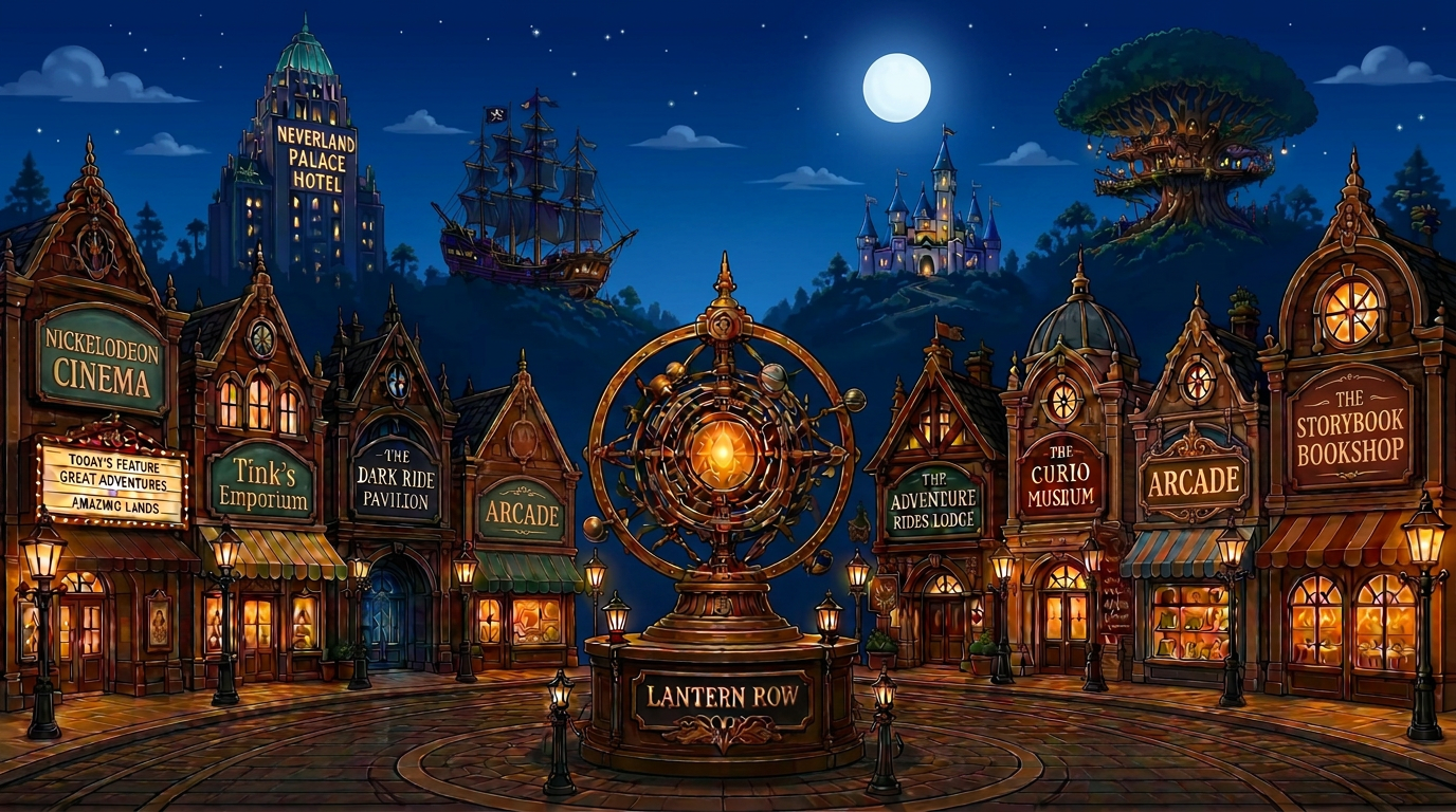 Lantern Row at deep night — Victorian-Edwardian theme park street lit by gas lamps, with a brass orrery centerpiece and themed hotel silhouettes on distant hills.