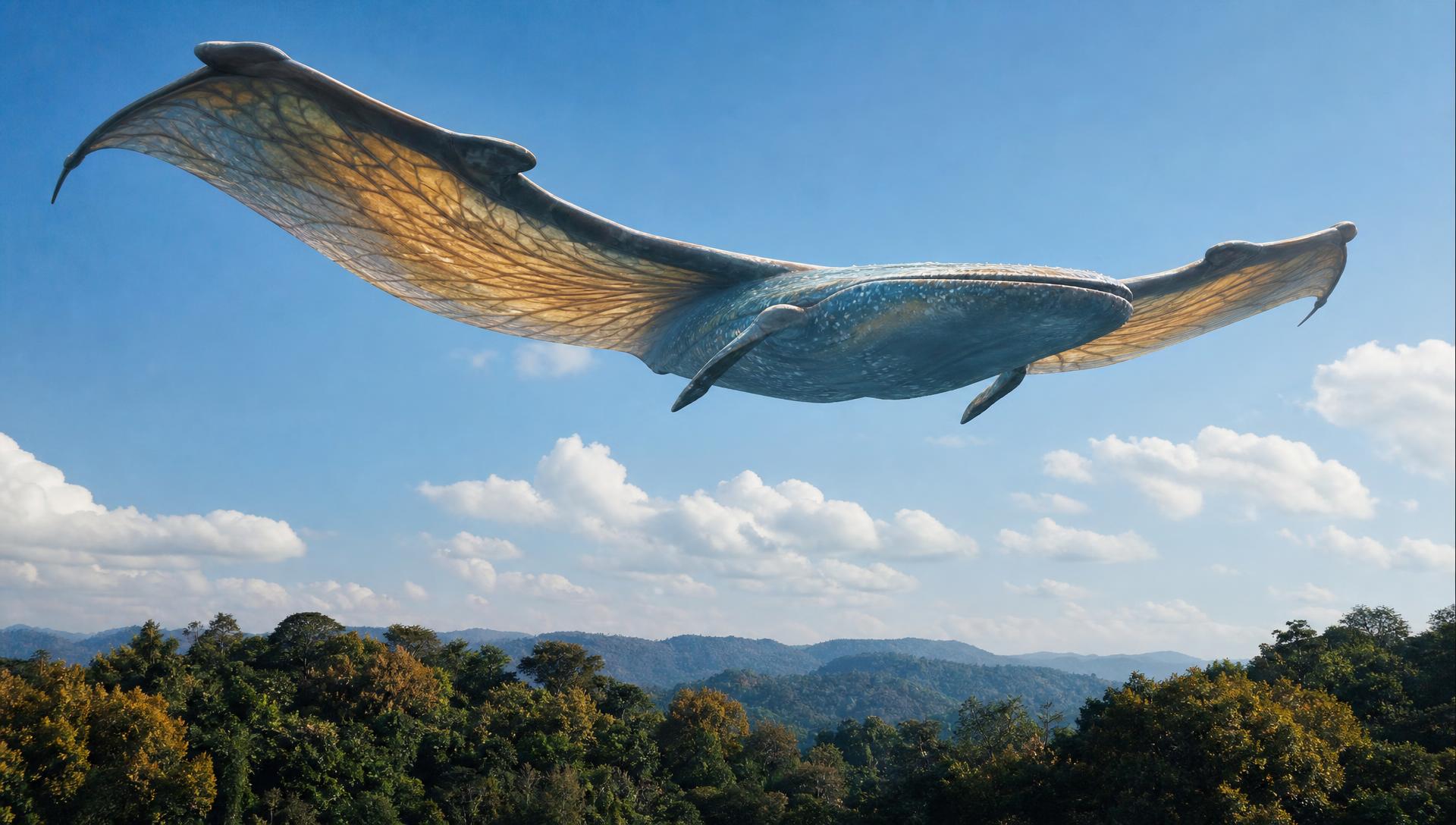 A photorealistic enormous gentle manta-whale gliding high above an alien jungle canopy under a bright blue sky.
