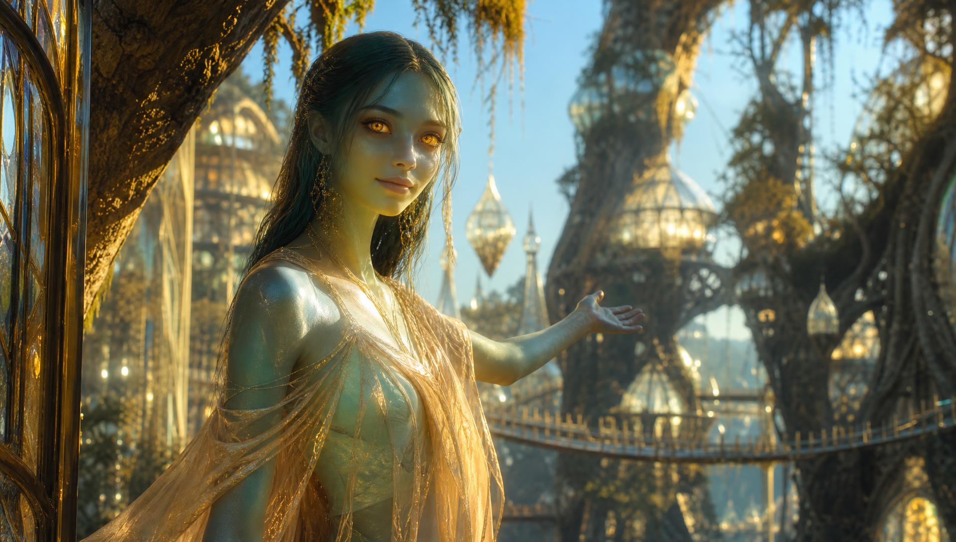A photorealistic portrait of a young Lumen woman with faintly glowing translucent skin, large luminous eyes and flowing amber-gold light-cloth.