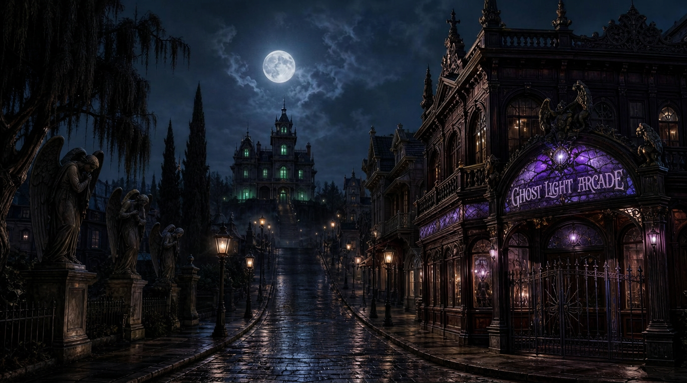 A photorealistic-painterly haunted Victorian gothic theme-park main street at deep midnight. A cobbled road climbs toward the Manor House on the hill, its windows glowing green under a full moon. On the right foreground, a two-story mahogany arcade parlour with a violet stained-glass marquee reads 'Ghost Light Arcade', flanked by weeping angel statues and dead cypress trees.