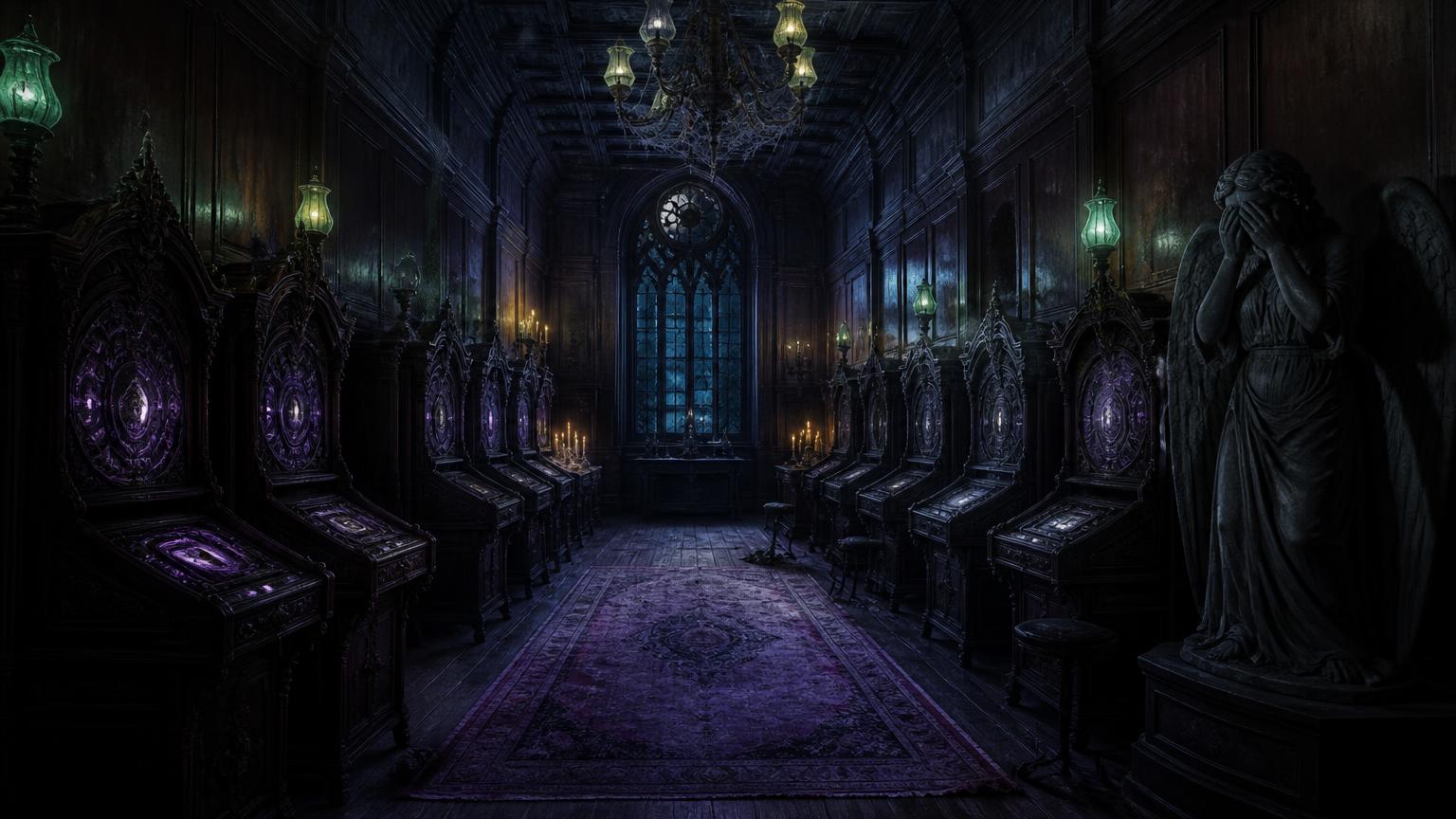 A haunted Victorian arcade parlour at midnight with mahogany panelling, violet-lit carved cabinets and a weeping angel statue.