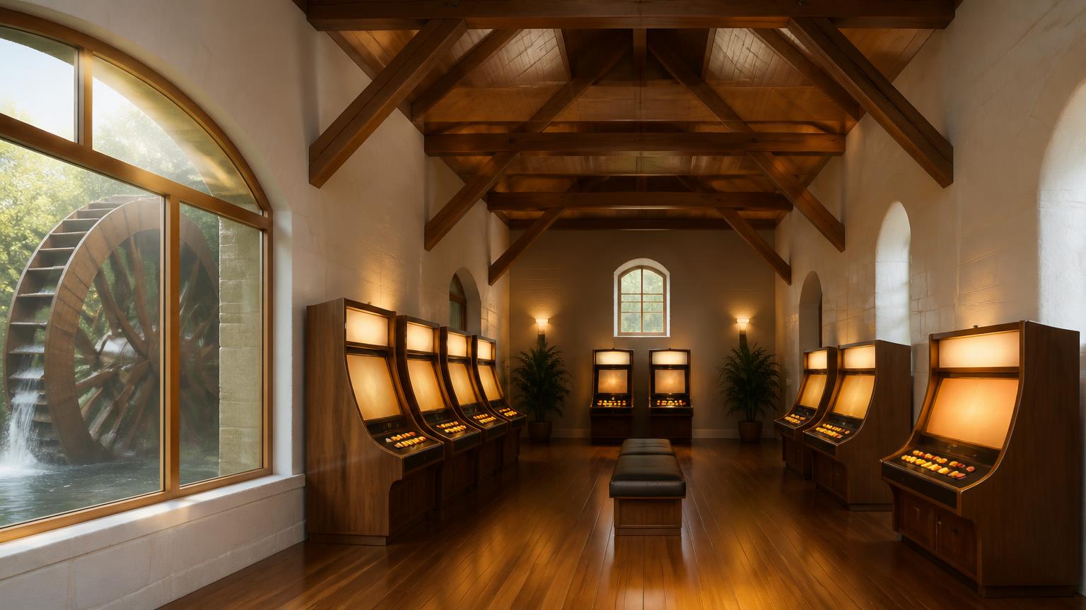The inside of an old riverside mill with whitewashed stone walls, timber beams, a mill wheel turning outside a wide window and a row of warm wooden game cabinets.