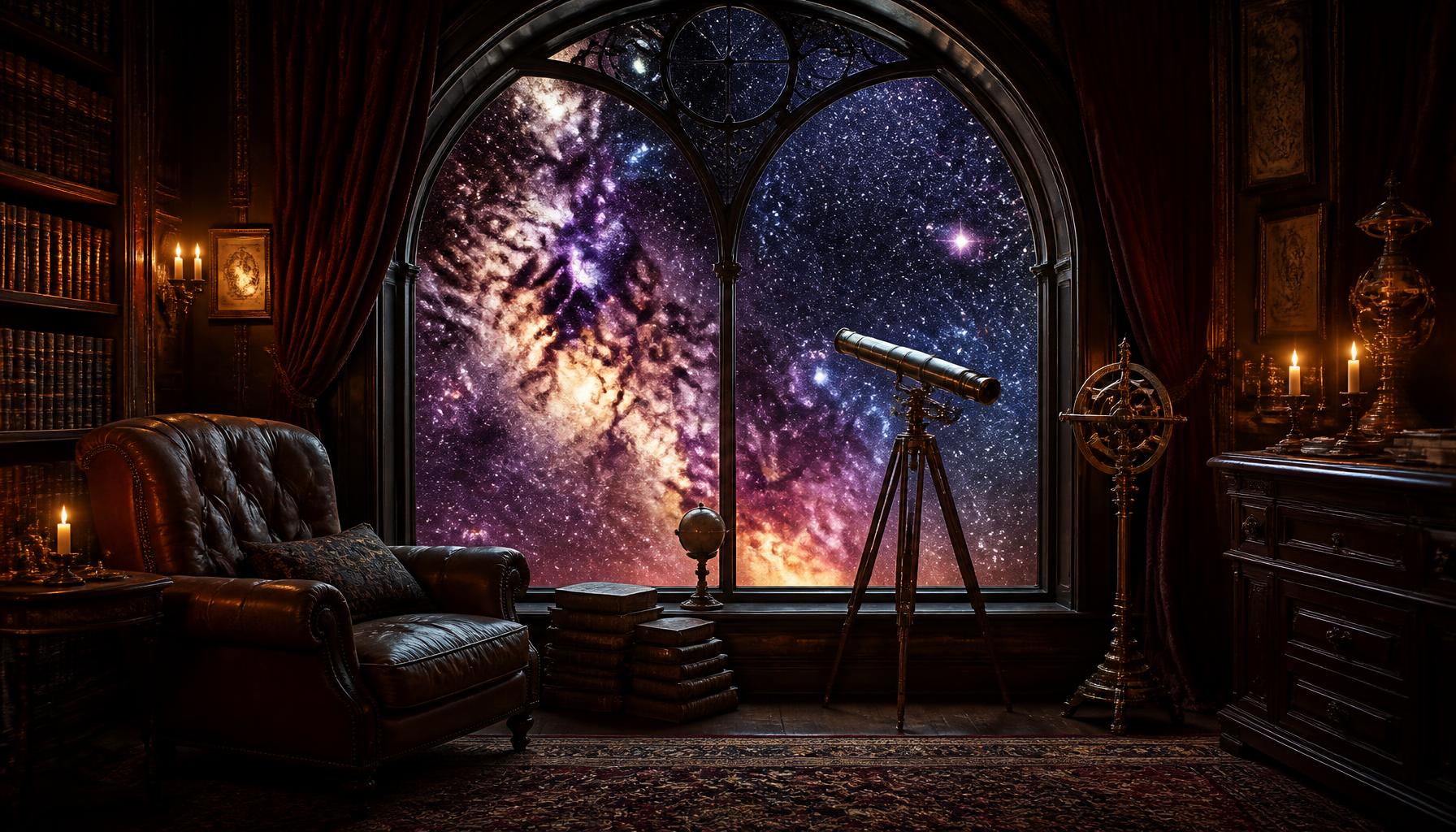 A tall arched window in a Victorian study opens onto a vivid starfield and nebula, with a brass telescope in silhouette.