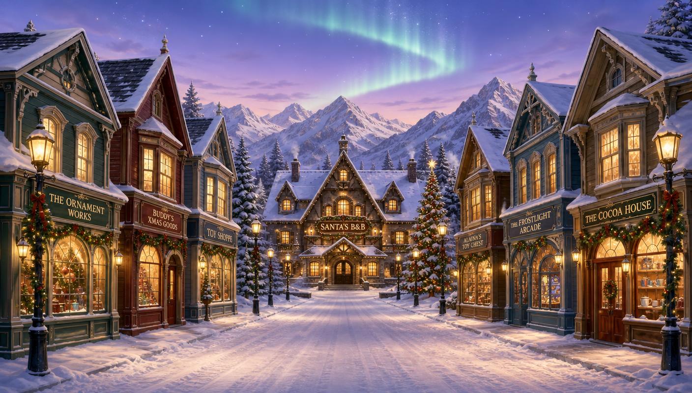 A painterly souvenir-map illustration of a snowbound Victorian Christmas village street at aurora midnight, garlanded lampposts and glowing shopfronts leading to a great timber lodge with a lit Christmas tree at the vanishing point.