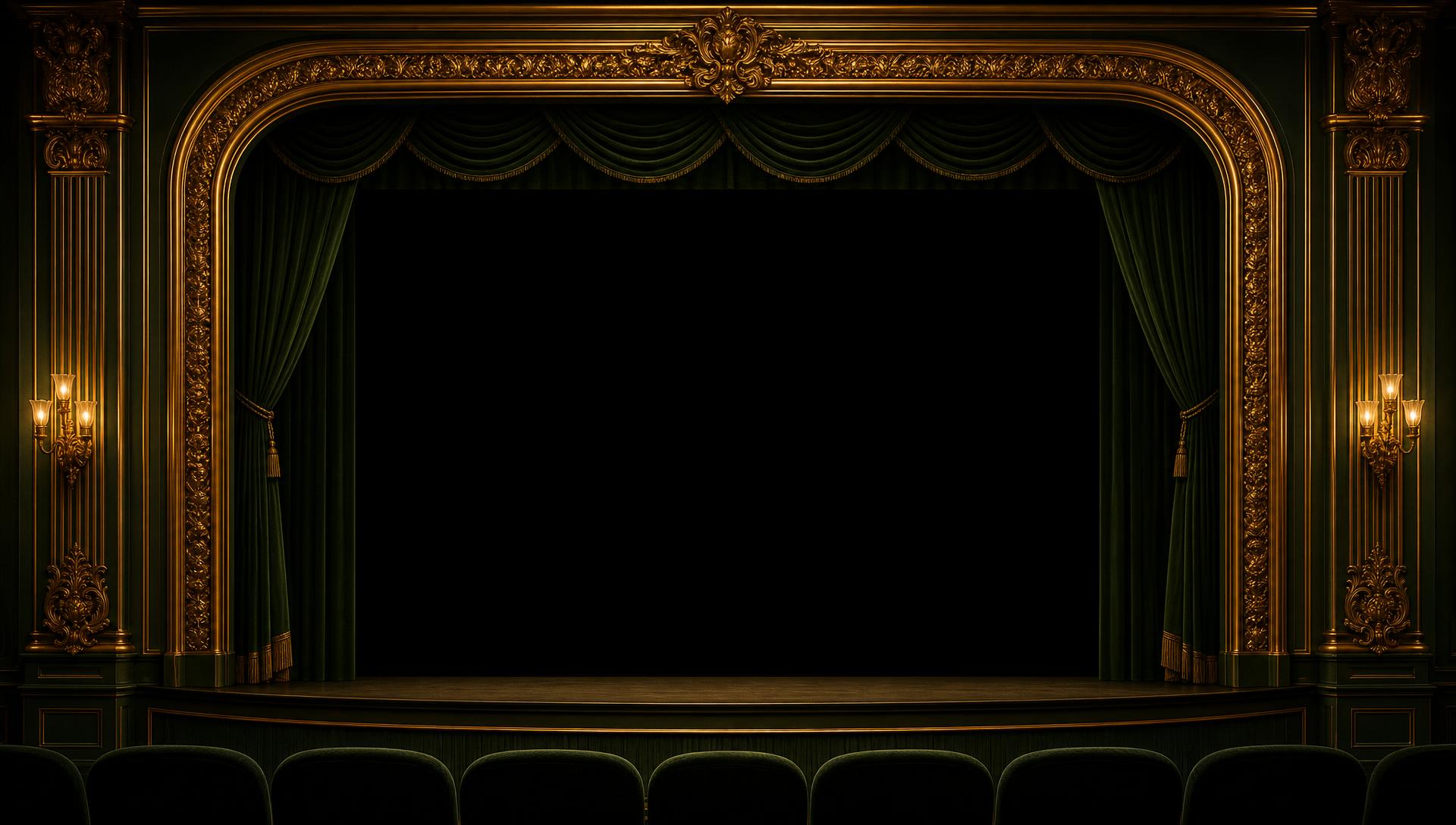 Inside James O'Sullivan's Cinerama — a straight-on view from the stalls of a gilded emerald picture palace, green velvet curtains drawn back around a great screen.