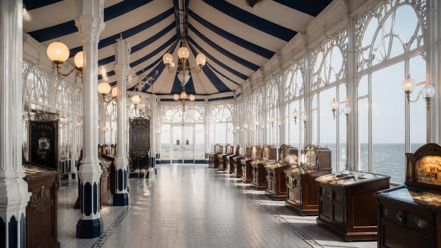 An Edwardian seaside arcade pavilion with white ironwork columns, navy and cream striped canvas ceiling, tall arched windows onto the sea and a row of wooden cabinets.
