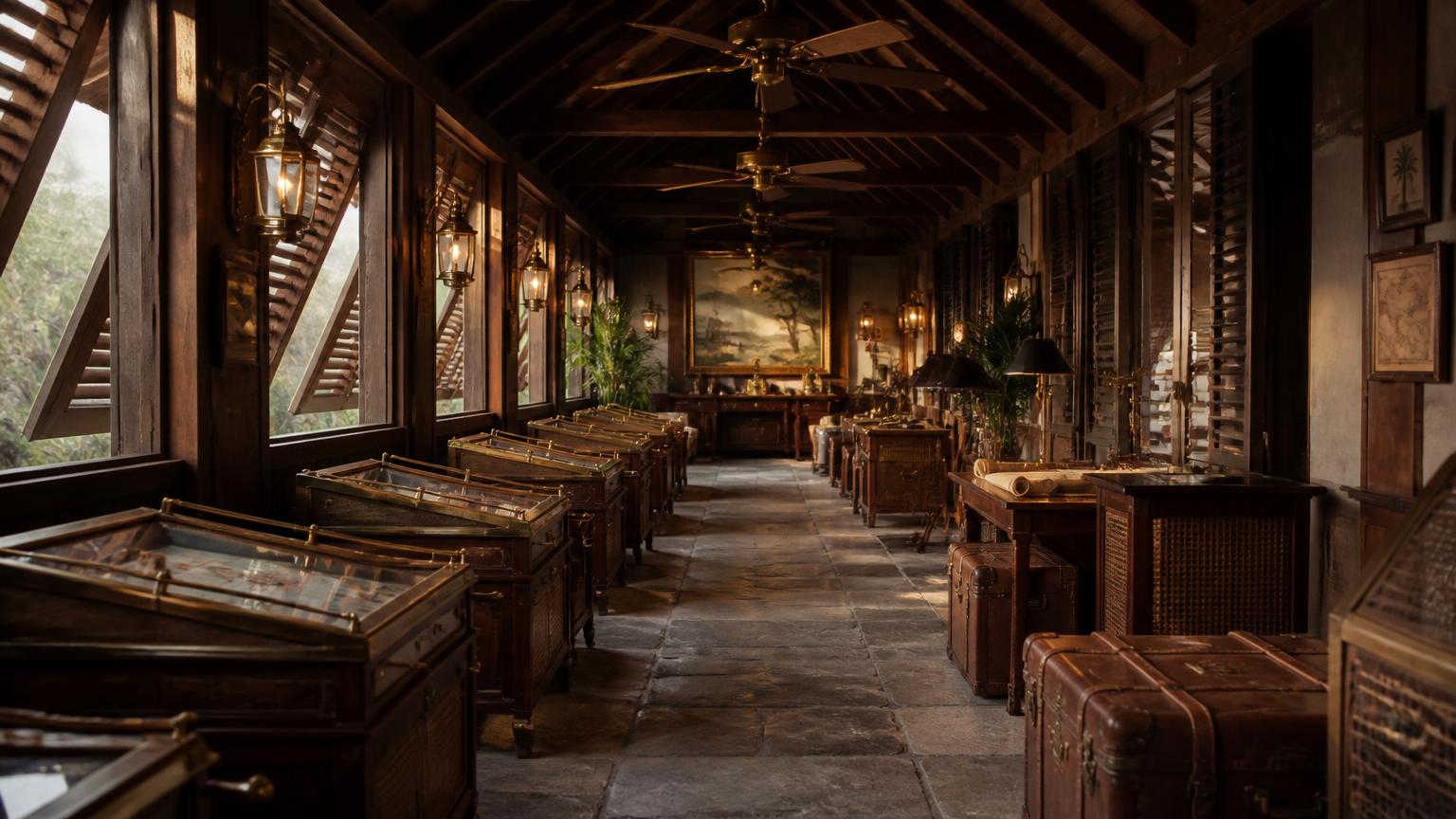 A colonial safari lodge games room with teak beams, brass ceiling fans, hurricane lanterns and a row of teak-and-brass game cabinets.