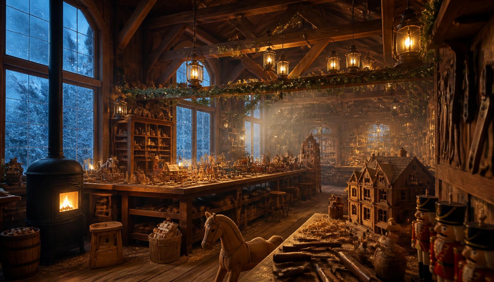 A vast warm timber toy workshop: long benches piled with half-finished wooden toys, iron stoves glowing, lanterns overhead and snow outside the tall windows.