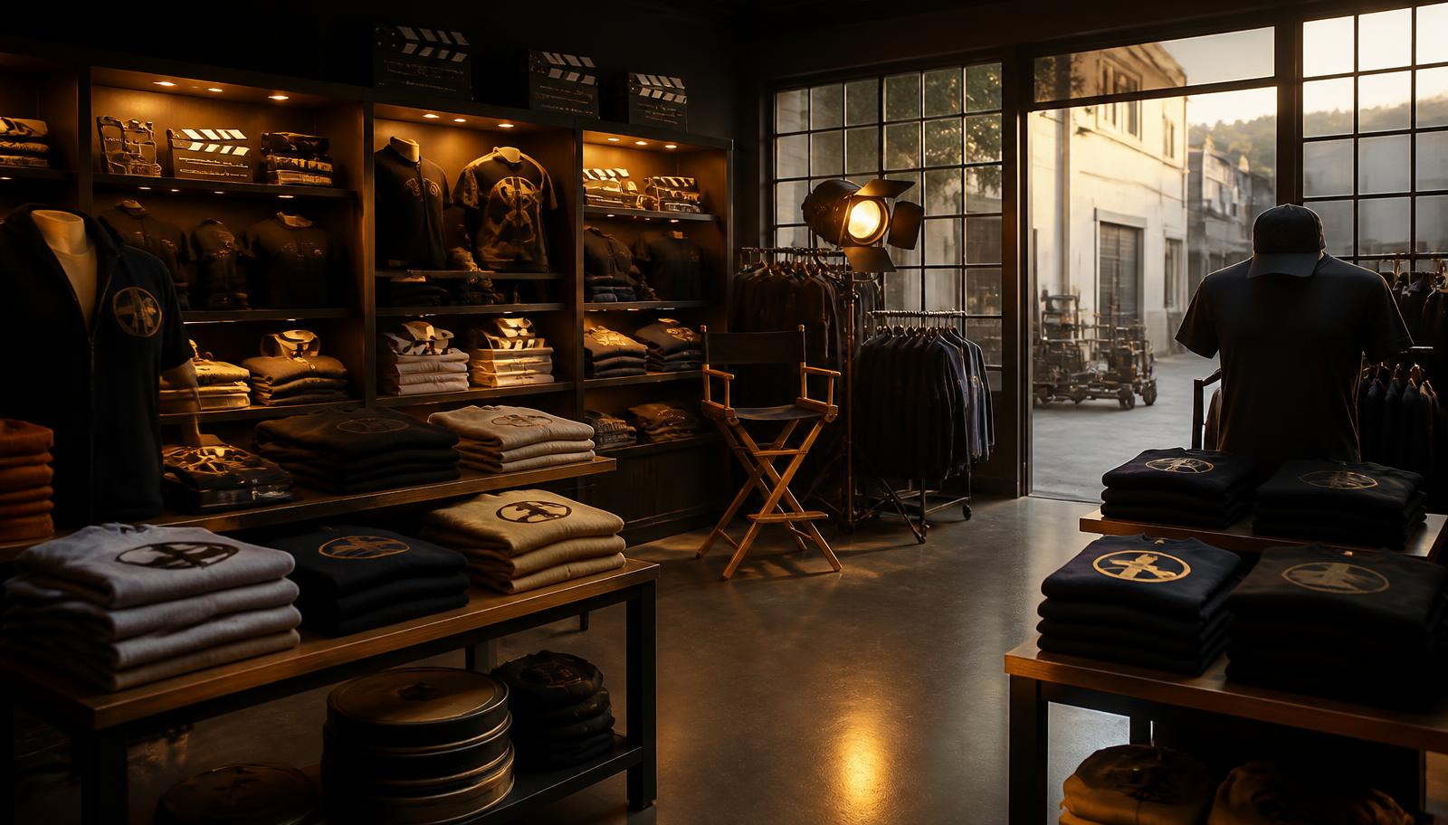 The Prop House interior on the Hollywood North Studios backlot: warm tungsten light on walnut shelving stacked with studio apparel, film canisters, a clapperboard and a director's chair, with the backlot street visible through the open door.