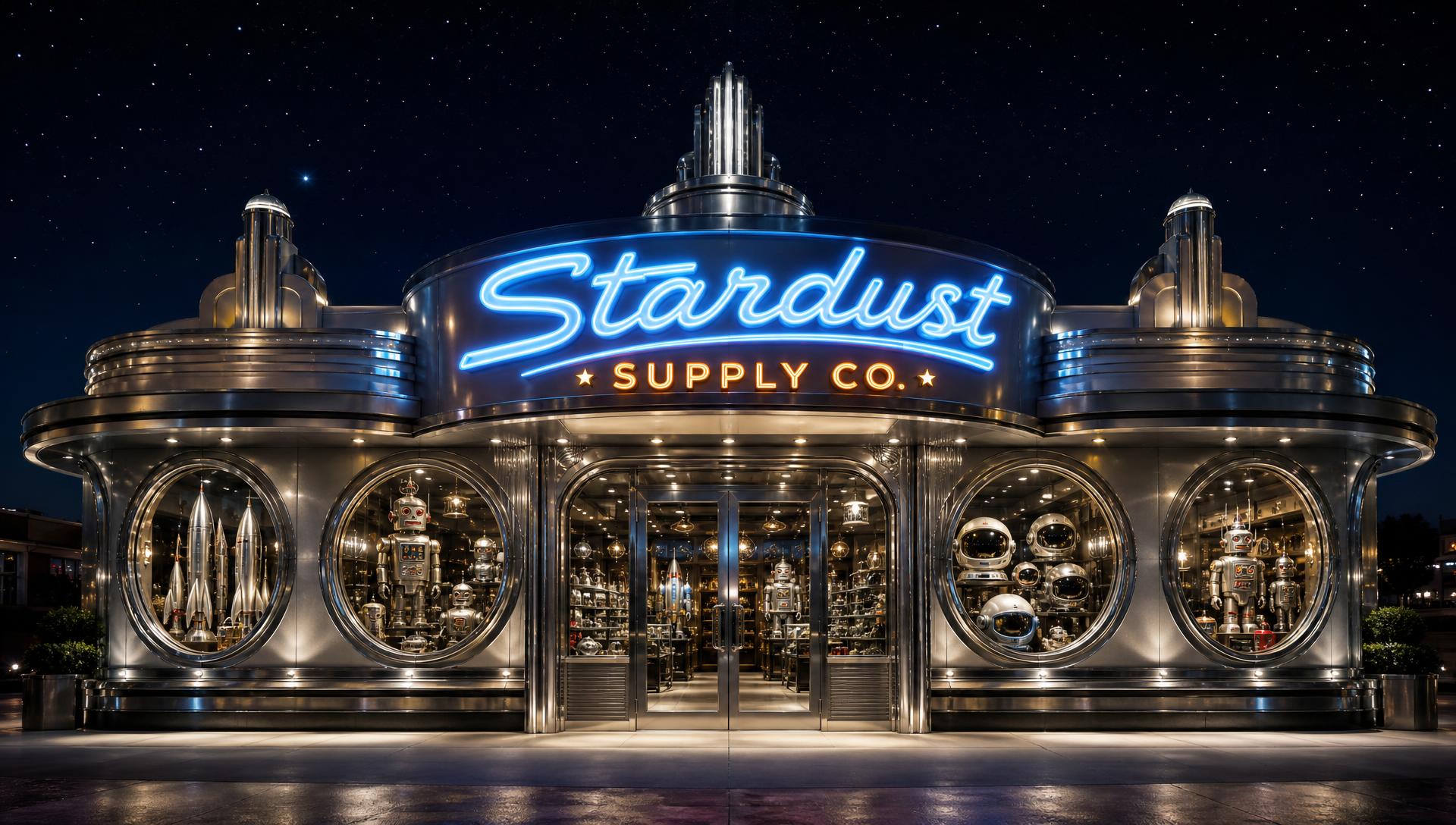 Stardust Supply Co. chrome shopfront at starry night.
