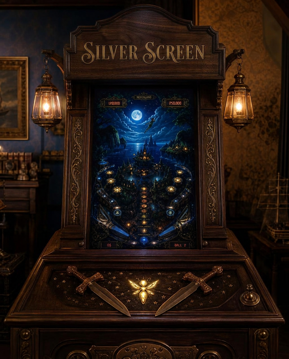A photorealistic brass and walnut pinball cabinet, dressed for the Hollywood North backlot.
