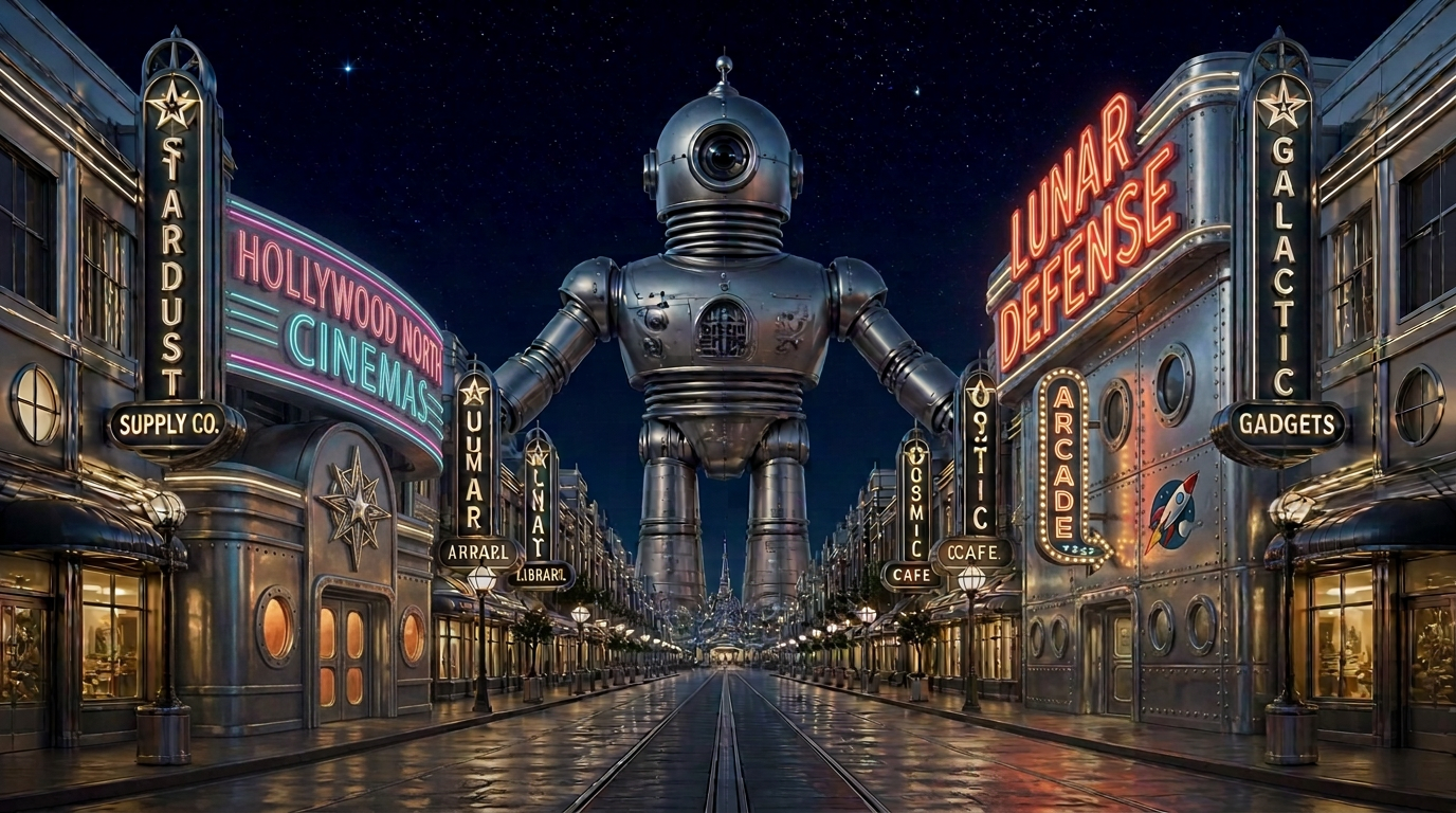 A photorealistic-painterly retro-futurist theme-park main street at starry night, with six chrome and glass shopfronts lining the street and a colossal silver 50s sci-fi robot standing at the vanishing point in the dead center, towering over the buildings like the Epcot globe.