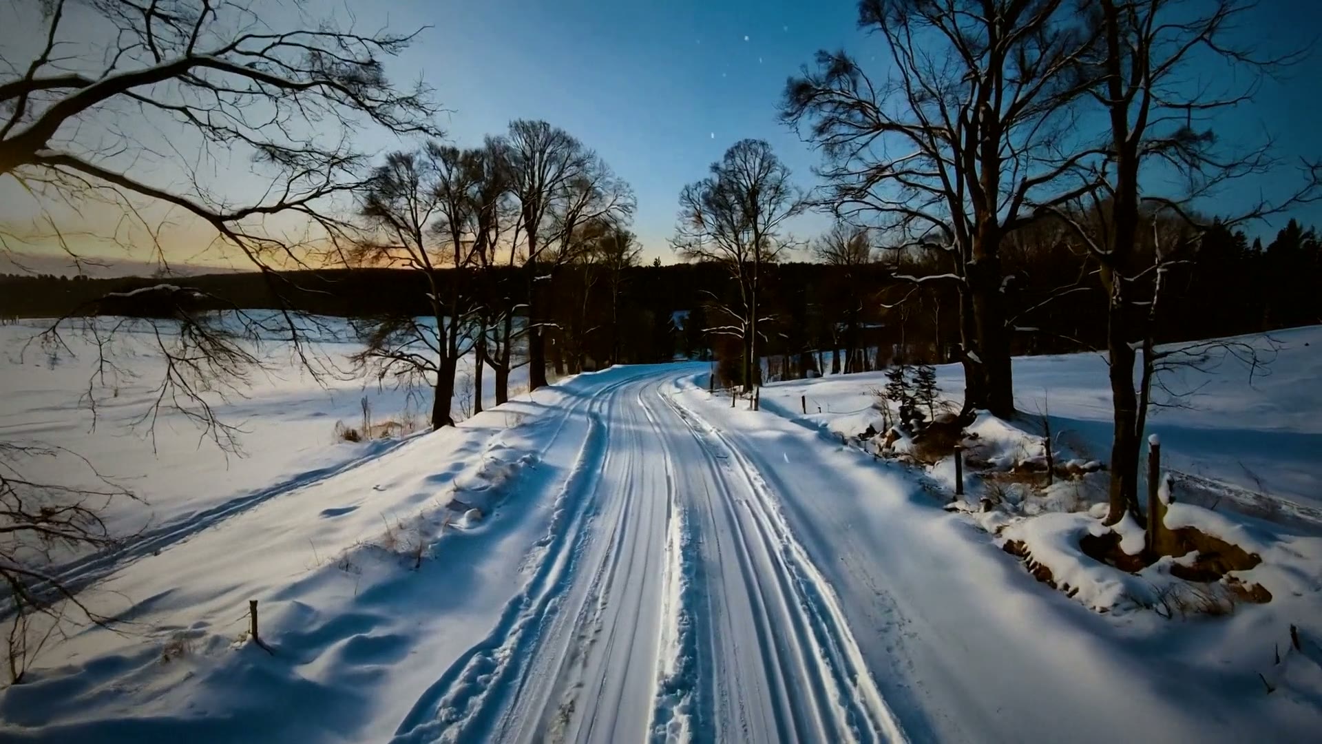 A still from the aerial film for Stopping by Woods on a Snowy Evening