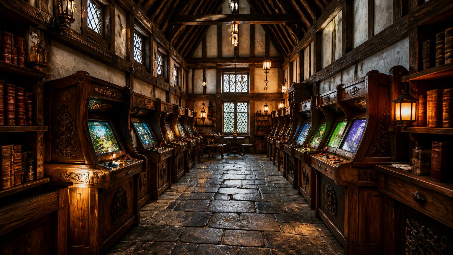 A photoreal timber-framed storybook arcade hall with whitewashed plaster, candle sconces, bookshelves and a row of painted game cabinets.