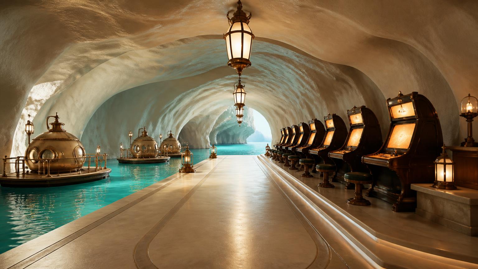 A limestone sea cave beside a turquoise lagoon, with brass diving bells moored at the water's edge, hanging lanterns and a row of lit wooden cabinets on a raised stone deck.