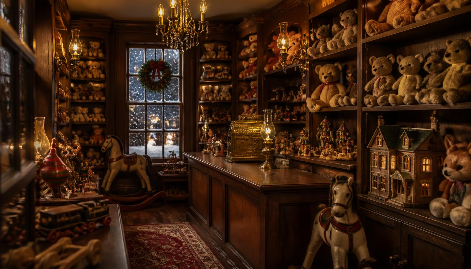 The warm timber interior of a Victorian toy shop at Christmas, shelves crowded with plush animals, wooden trains, rocking horses and dolls houses under brass lamps.