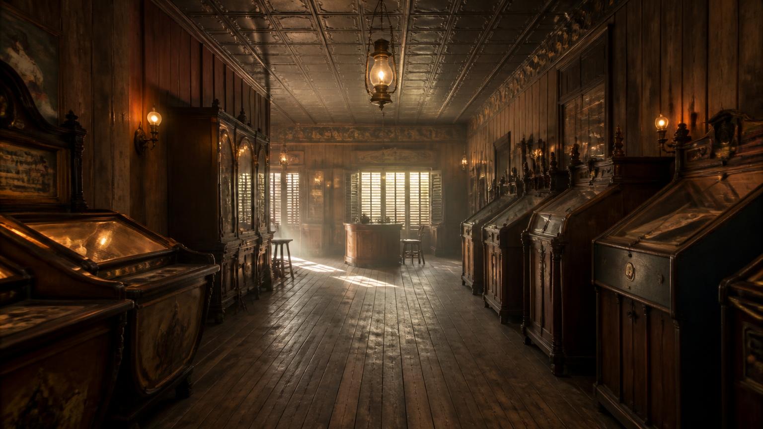 A lamplit frontier arcade parlour with rough timber walls, a tin ceiling and a row of dark wooden game cabinets.