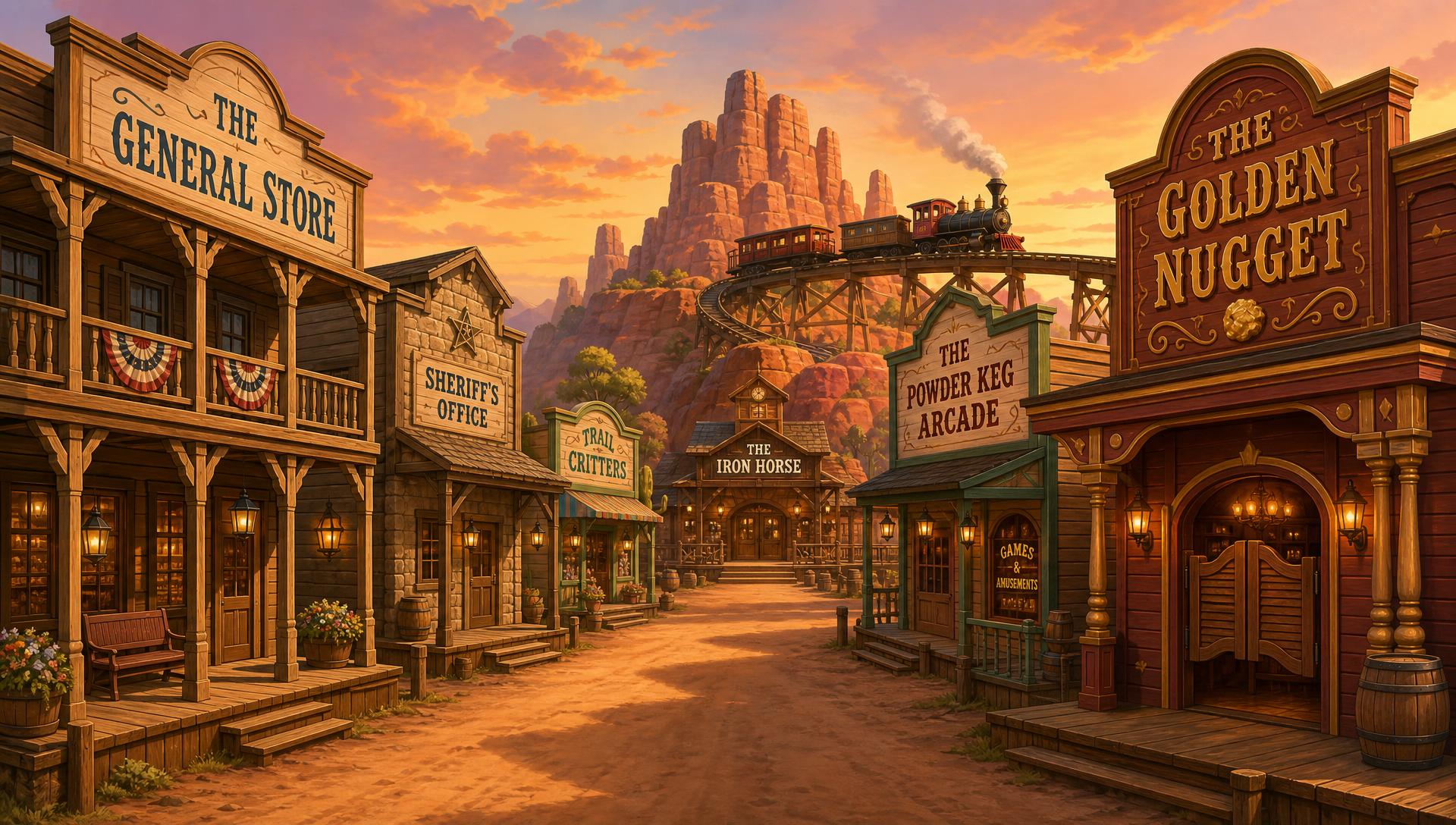 Wild West main street at golden hour with the Iron Horse mine train on the mesa.