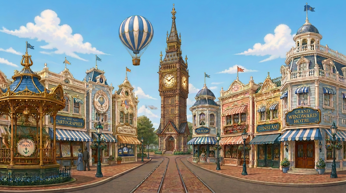 The Windward Promenade at soft daytime — an Edwardian seaside theme-park street lined with shopfronts, a tall central clocktower with a gilt dial, a brass bandstand, a kite shop, a cartographer, an aerostat club, a confectionery, a tea room, a grand hotel, a tethered observation balloon, and a distant dirigible.
