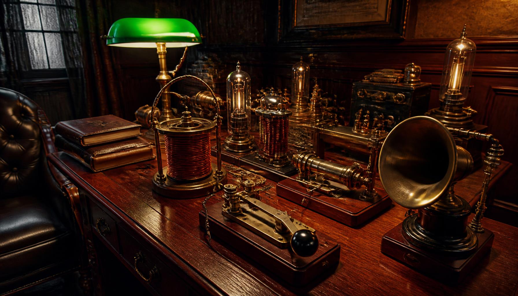 A Victorian wireless bench covered in brass spark-gap transmitters, copper coils, glowing vacuum tubes, and a polished telegraph key.